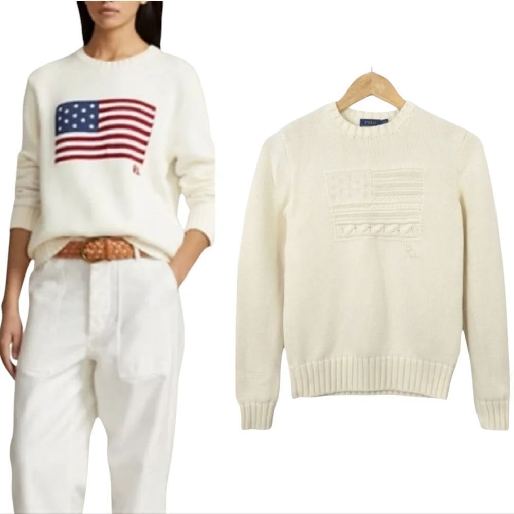NEW Polo Ralph Lauren Iconic Embroidered American Flag Sweater in Ivory Size S